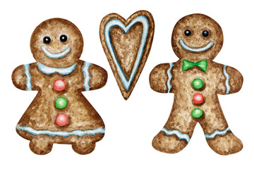 Christmas gingerbread man cookies set, winter holiday sweet food. Watercolor illustration isolated on white background. Xmas gift and tree decorations. Greeting card design concept