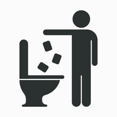 Vector icon throwing toilet paper in the toilet. Trash into toilet pictogram. Littering in toilet vector symbol isolated on white background.