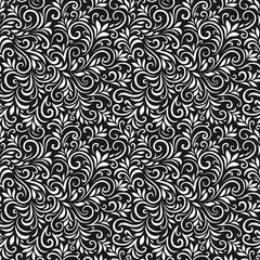 Vector seamless pattern with leaves and curls. Monochrome abstract floral background. Stylish monochrome texture.