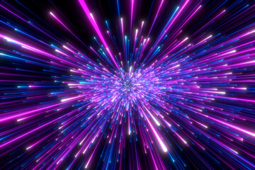 Speed oAbstract background in blue and purple neon colors. Speed of light in space on dark background. 3D rendering. light in space on dark background.