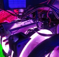 Modern computer air cooling with multi-colored led backlight-fans, cooling radiators, cables,...