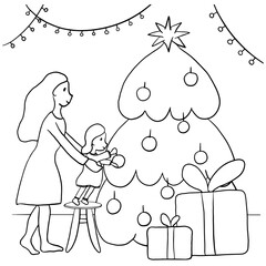 Outline coloring mother and daughter decorating christmas tree with balls. Light bulbs and gift boxes. Cute family picture where woman helps and supports child. Love and warmth on the eve of holiday