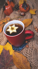 Red mug with tea on the background of a soft, knitted scarf, autumn leaves, pumpkin. Autumn background, cozy evening, fireplace.
