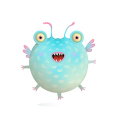 Cute round ball monster looking like fish with wings and many legs flying. Happy smiling 3d monster character design for children. Vector animal cartoon.