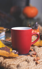 Red mug with tea on the background of a soft, knitted scarf, autumn leaves, pumpkin. Autumn background, cozy evening, fireplace.

