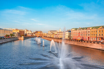 Kadashevskaya embankment, fountains in Moscow. Beautiful views of autumn Moscow