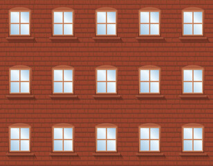 Brick wall with windows - rustic apartment building with twenty four windows in which the blue sky is reflected. Vector illustration.
