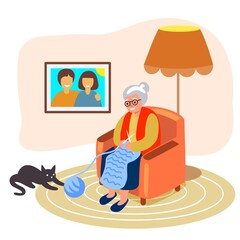 Knitting Old woman knits Granny knitting in her armchair next to a cat playing with a ball of yarn Vector illustration