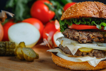 Tasty grilled burger with with beef, cheese, vegetables.  Delicious grilled Cheeseburger on a dark background. 