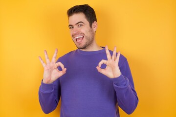 Handsome man with sweatshirt over isolated yellow background showing both hands with fingers in OK...
