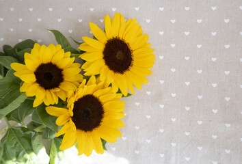 Beautiful yellow sunflowers on a delicate beige textile flat lay layout with copy space, rustic style composition.