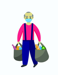 Old man in medical mask goes back from shop. Shopping in pandemia time. Take on a mask. Take cake of your parents.