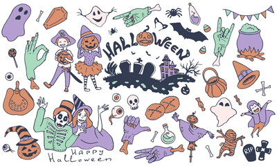 Halloween sticker set on white isolated backdrop. Spooky symbols for invitation or gift card, notebook, bath tile, scrapbook. Phone case or cloth print art. Doodle style stock vector illustration