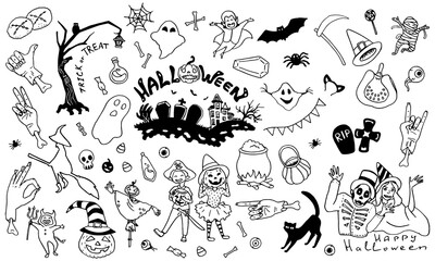 Outline halloween icon set on white isolated backdrop. Spooky symbols for invitation or gift card, notebook, bath tile, scrapbook. Phone case or cloth print art. Doodle style stock vector illustration