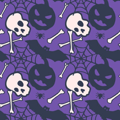 Pumpkin jack and skull on violet backdrop. Bat and bones seamless pattern for wallpaper, wrap paper, sleeper, bath tile, apparel or bed linen, cloth print. Doodle style stock vector illustration
