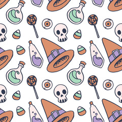 Potion bottle, candy on white backdrop. Halloween seamless pattern for wallpaper, wrap paper, sleeper, bath tile, apparel or bed linen Phone case or cloth print. Doodle style stock vector illustration