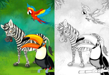 cartoon sketch scene with zebra in the forest - illustration