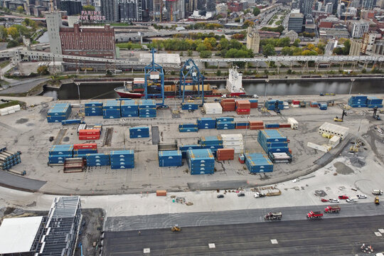 Montreal, Canada - 2020 October 04: Construction work in the Port of Montreal City Canada