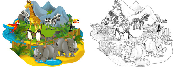 cartoon scene with zoo enclosure with different animals - illustration