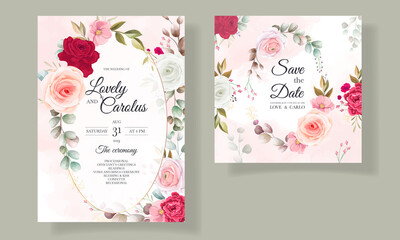 Beautiful floral and leaves wedding invitation card