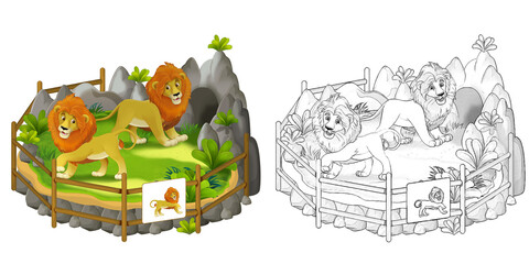 cartoon scene with zoo enclosure with different animals - illustration