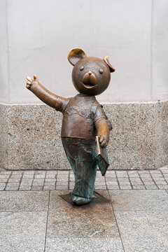 Lodz, Poland - September 26, 2020: Floppy Bear (Polish: "Mis Uszatek") statue in city of Łódź, Poland. Character from the stop motion-animated TV series of the same name.