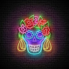 Dia de Los Muertos Greeting Card Template with Sugar Skull, Catrina Calavera. Day of the Dead Postcard. Shiny Neon Poster, Flyer, Banner, Postcard, Invitation. Brick Wall. Vector 3d Illustration