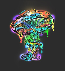 Psychedelic magic glowing mushroom. Goa trance music, hanging out, shindig, going out, the gang, rave, get together, culture. Hippie. Hashish. 60s