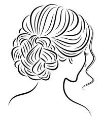 Silhouette of the head of a cute lady. The girl demonstrates her hairstyle stoves for long and medium hair. Suitable for logo, advertising. Vector illustration.