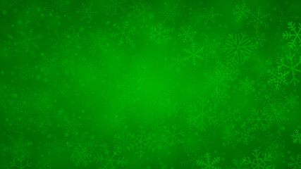 Christmas background of snowflakes of different shapes, sizes and transparency in green colors