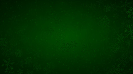 Christmas background of snowflakes of different shapes, sizes and transparency in dark green colors