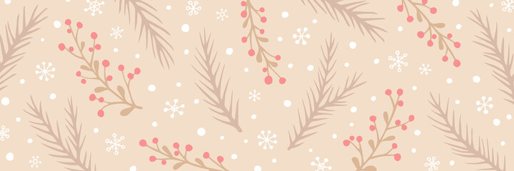 Vector Christmas background with hand drawn spruce branches, berries and snowflakes. Long horizontal banner