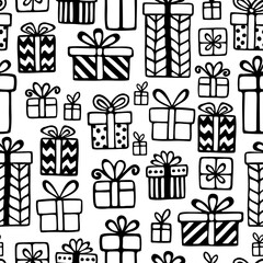 Vector seamless pattern with hand drawn gift boxes in different wrapping paper and with bowknots. Simple design for Christmas wrappings, textile and backgrounds