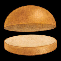 Classic Bun for Burger hand drawn watercolor illustration. American junk food for menu design isolated on black background