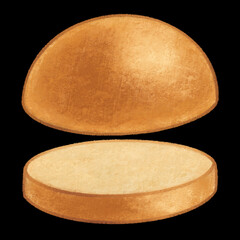 Classic Bun for Burger hand drawn watercolor illustration. American junk food for menu design isolated on black background