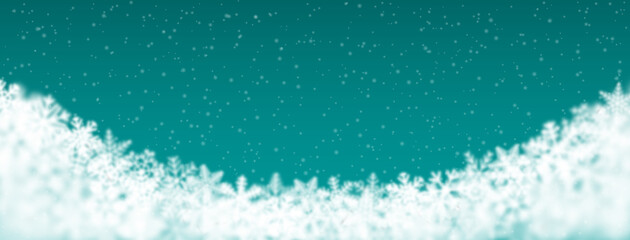 Christmas background of snowflakes of different shape, blur and transparency, located bottom, on turquoise background