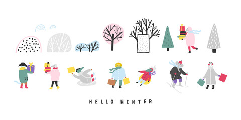 Fototapeta na wymiar Set with cute animals in winter forest. Isolated objects on white. Hand drawn vector illustration. Concept kids print. Vector hand drawn illustration