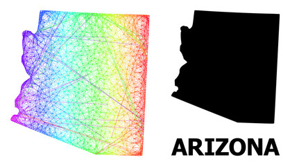 Network and solid map of Arizona State. Vector model is created from map of Arizona State with intersected random lines, and has bright spectral gradient.
