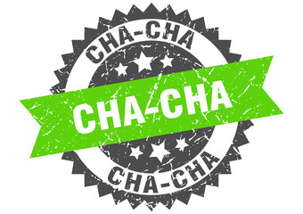 cha-cha stamp. grunge round sign with ribbon