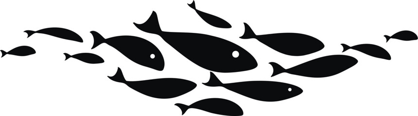 Black silhouette flock of fish. Element for your design. Logo template. - obrazy, fototapety, plakaty