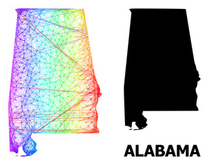 Network and solid map of Alabama State. Vector structure is created from map of Alabama State with intersected random lines, and has bright spectral gradient. Abstract lines form map of Alabama State.