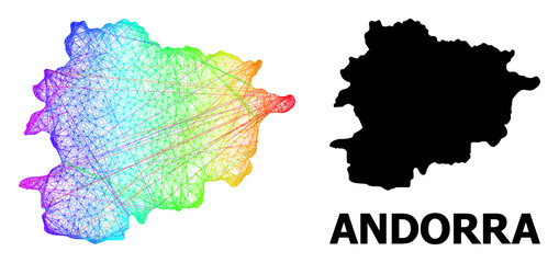 Wire frame and solid map of Andorra. Vector model is created from map of Andorra with intersected random lines, and has spectrum gradient. Abstract lines are combined into map of Andorra.