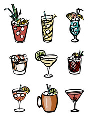 Collection set of icon hand-drawn ink retro color style vector illustration. Various alcohol cocktail glasses high ball martini margarita old fashioned Moscow mule. Card, poster or bar menu recipe