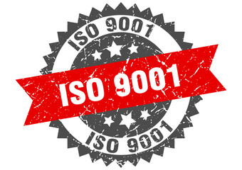 iso 9001 stamp. grunge round sign with ribbon