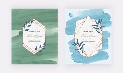Blue and green brush stroke watercolor design cards with marble geometric frames.
