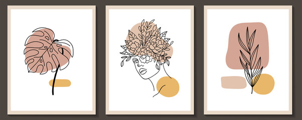 Set of Woman Face and flowers continuous Line art. Abstract Contemporary collage of geometric shapes in a modern trendy style. Vector Portrait of a female. For Beauty Concept, t-Shirt Print, postcard