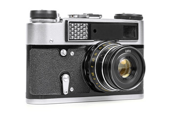 Vintage analog camera on white background