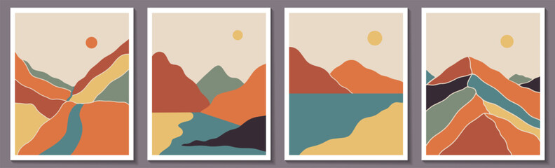 Abstract contemporary landscape posters. Modern boho background set with lake, river,sun, moon, mountains, minimalist wall decor. Vector art print. © anya