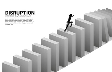 surviving business disruption. Silhouette of businessman running to domino collapse. Concept of business industry disrupt