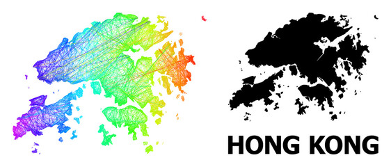 Wire frame and solid map of Hong Kong. Vector structure is created from map of Hong Kong with intersected random lines, and has spectrum gradient. Abstract lines form map of Hong Kong.